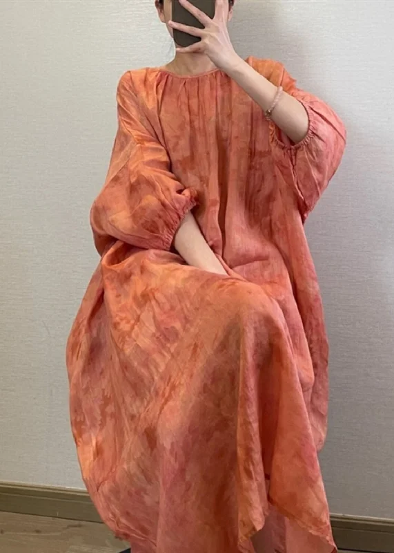 Natural Orange O-Neck Tie Dye Maxi Dress Lantern Sleeve UU1062 Comfortable Maxi Dress with Slits