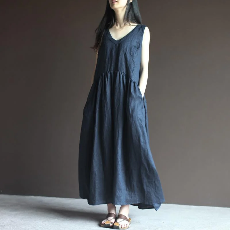 Navy linen dresss for summer maxi dresses sleeveless long sundress casual dresses Elegant Wraparound Maxi Dress