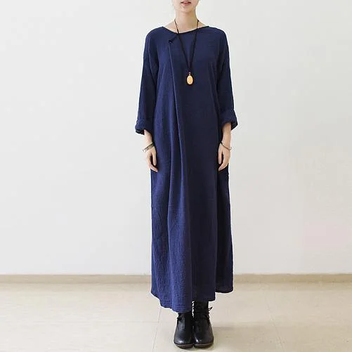 Navy oversize long sleeve linen dress plus size linen maxi dresses caftans Cozy Ribbed Maxi Dress