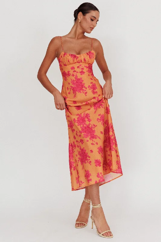 Nerida Low Back Twist Floral Maxi Dress Orange Trendy Floral Print Maxi Dress