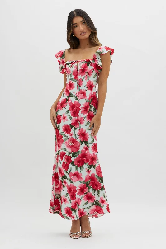 New Era Off Shoulder Maxi Dress Floral Red Chic Boho Print Maxi Dress