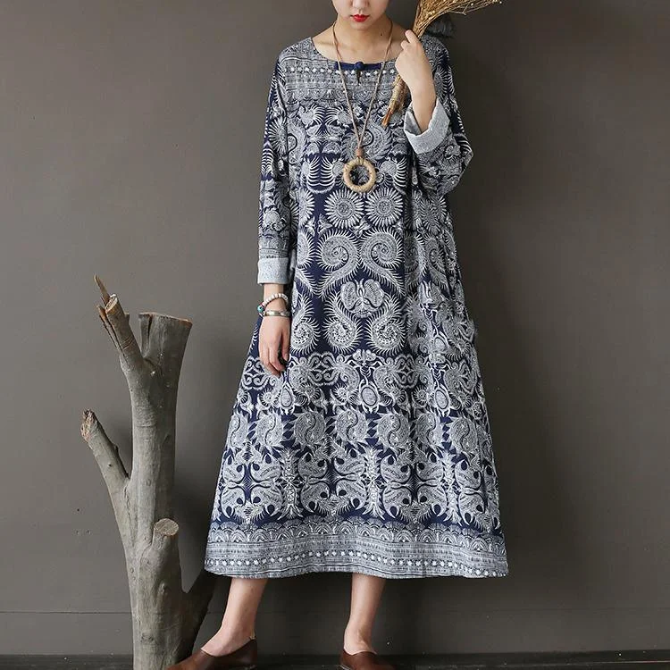 New Fall Dark Blue Print Cotton Dresses Plus Size Casual Long Sleeve Maxi Dress Elegant Wraparound Maxi Dress