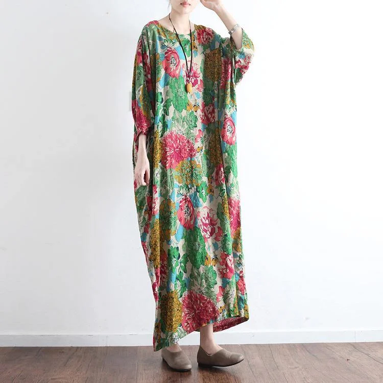 New Green Prints Linen Dresses Plus Size Vintage Casual Caftans Long Sleeve Maxi Dress Comfortable Flowy Maxi Dress