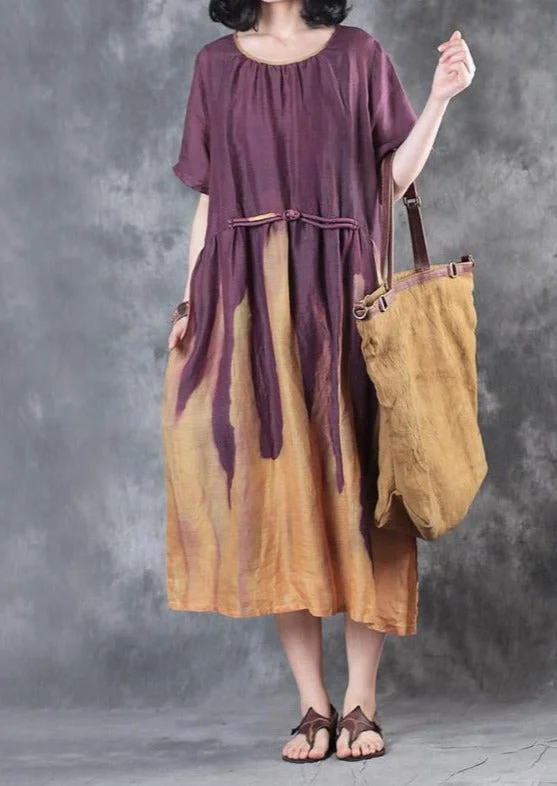 New Purple Patchwork Yellow Linen Dresses Plus Size Elastic Waist Sundress Chinese Button Short Sleeve Maxi Dress Elegant Wraparound Maxi Dress