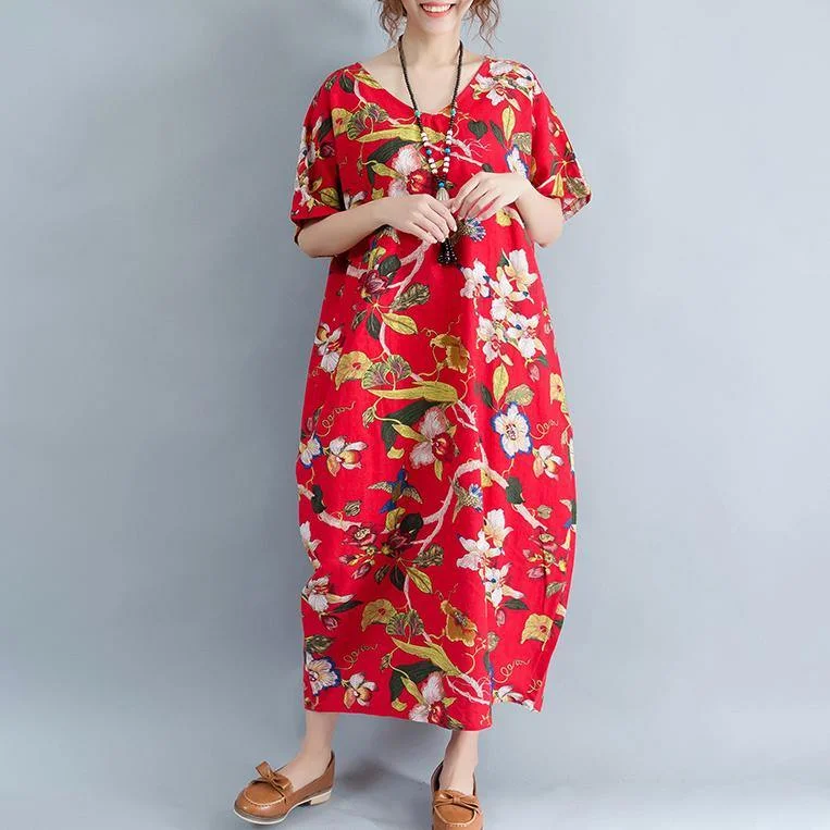 New Red Linen Dress Oversized Floral Cotton Maxi Dress Elegant Short Sleeve Gown Trendy Short Sleeve Maxi Dress