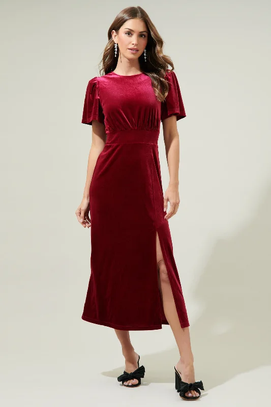 Night Bloom Velvet Midi Dress Cozy Midi Dress with Pockets