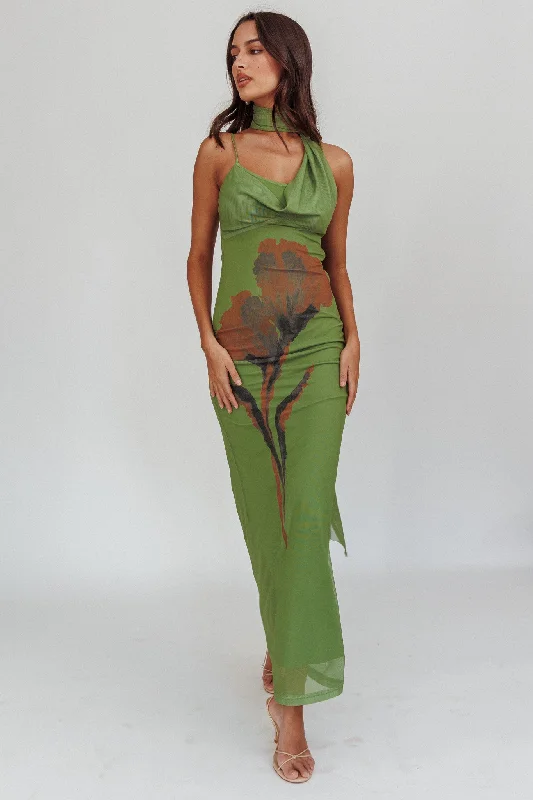 No Surprises Scarfed Floral Maxi Dress Green Fashionable Printed Maxi Dress