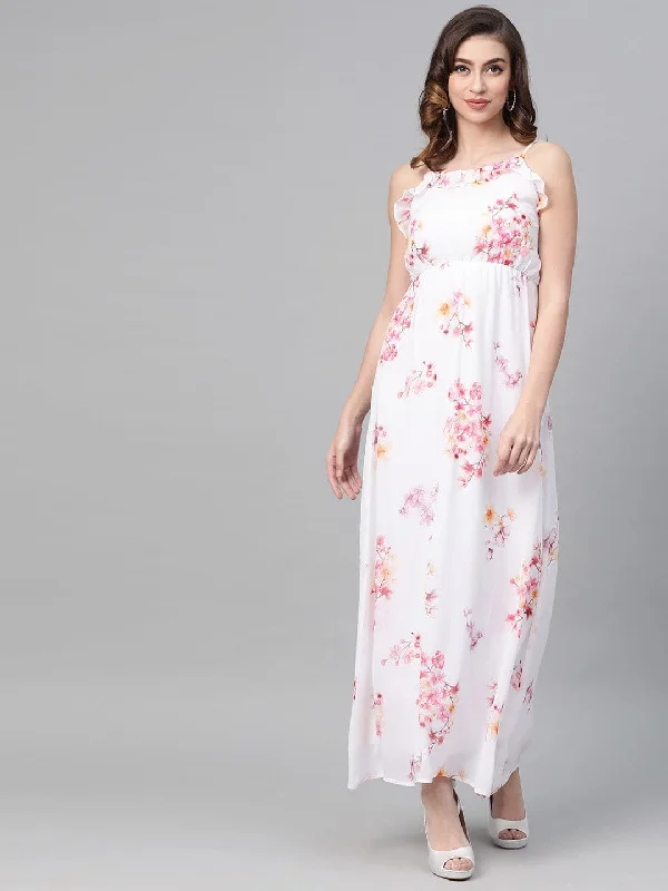 Off-White Floral Strappy Maxi Dress Comfortable Satin Maxi Dress