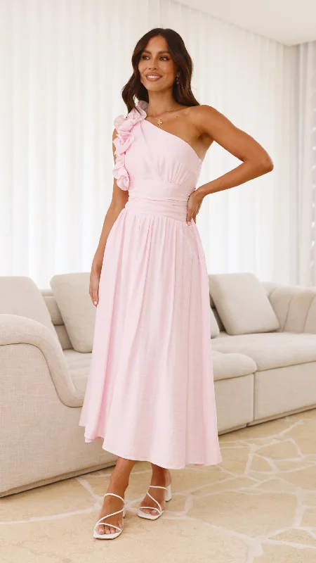 Okalani Midi Dress - Pink Elegant Lace Trim Midi Dress