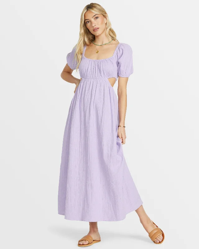 On The Coast Puff Sleeves Midi Dress - Purple Rose Cozy A-Line Midi Dress