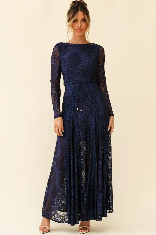 Palm Springs Long Sleeve Lace Overlay Maxi Dress Navy Trendy Printed Maxi Dress