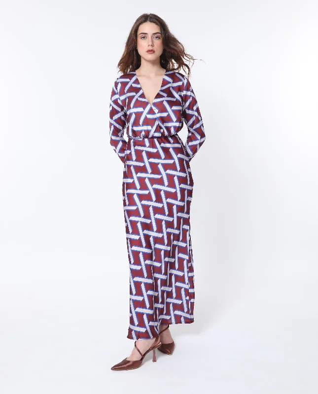 Rareism Women Phara Brown Polyester Fabric Full Sleeves Tie-Up Closure V-Neck Regular Fit Geometric Print Maxi Dress Cozy Ribbed Maxi Dress