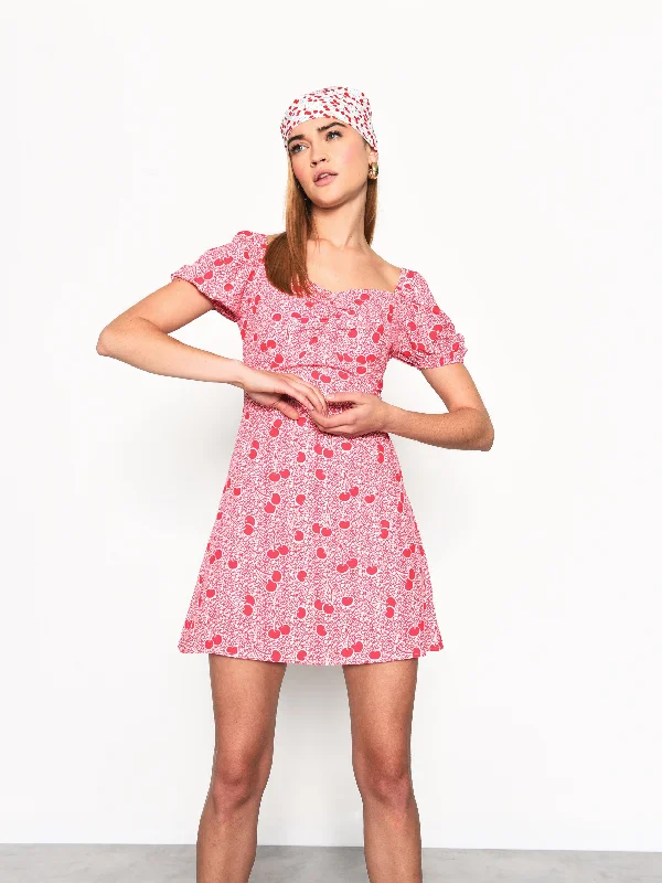 Pink Cherry Print A-Line Mini Dress Comfortable Casual Mini Dress