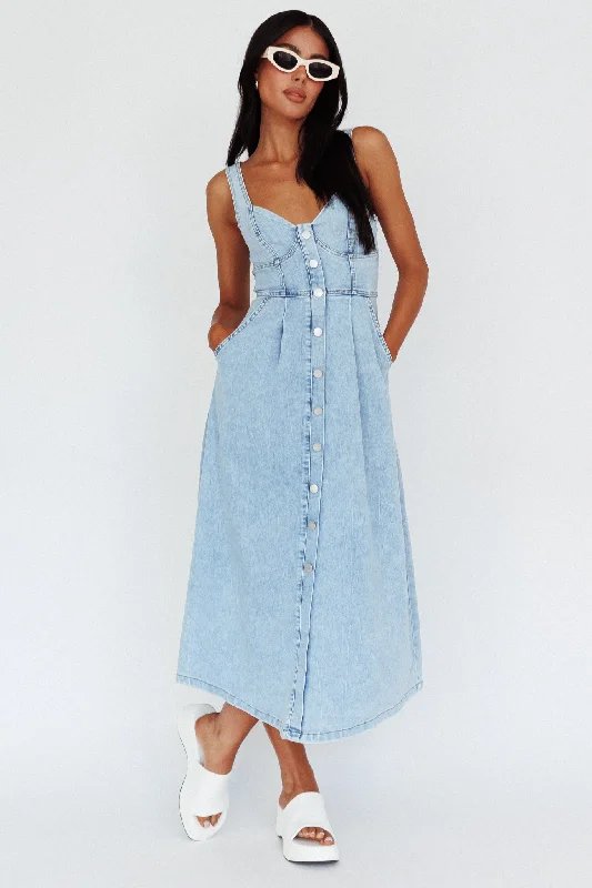 Pixie Dust Button Front Midi Dress Denim Blue Fashionable Wide Leg Midi Dress