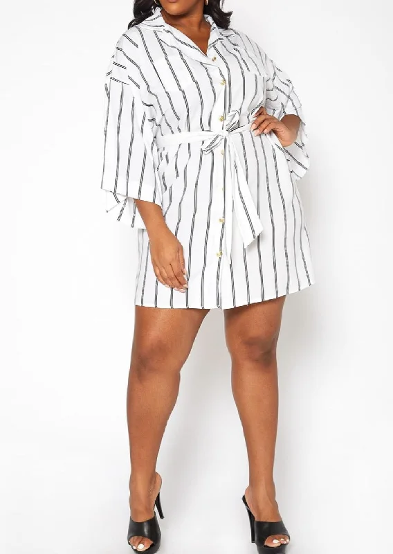 Hi Curvy Plus Size Women Pin Striped Button Front Mini Dress Fashionable Pleated Mini Dress