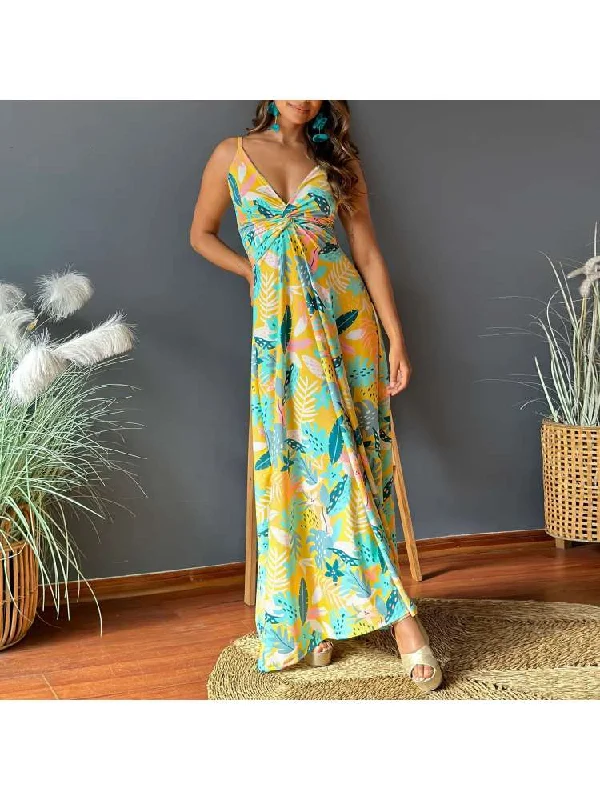 Print Spaghetti Straps A-line Maxi Dresses Trendy Ruffled Maxi Dress