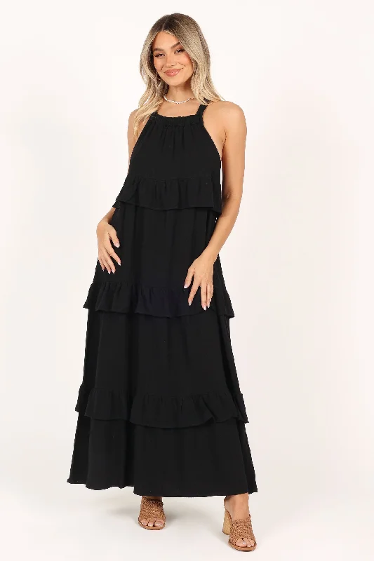 Priscilla Ruffle Maxi Dress - Black Elegant Maxi Dress with Drapes