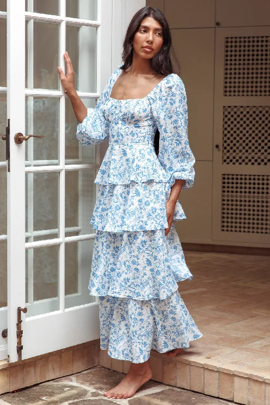 Provence Bloom Long Sleeve Maxi Dress Floral Blue Comfortable Ruffle Maxi Dress