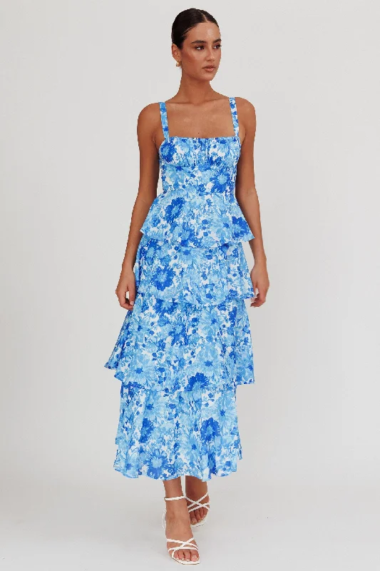 Provence Bloom Tiered Floral Maxi Dress Blue Elegant Velvet Maxi Dress