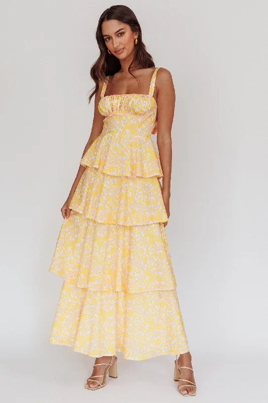 Provence Bloom Tiered Ruffle Floral Maxi Dress Yellow Chic Off-Shoulder Maxi Dress