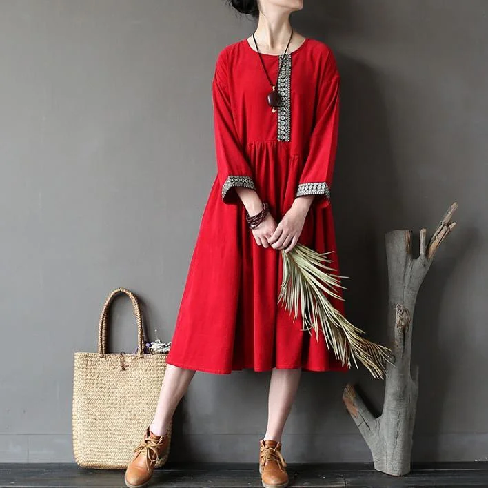 Red Casual Cotton Dresses Plus Size Corduroy Patchwork Long Sleeve Maxi Dresses Elegant Maxi Dress with Ruffles