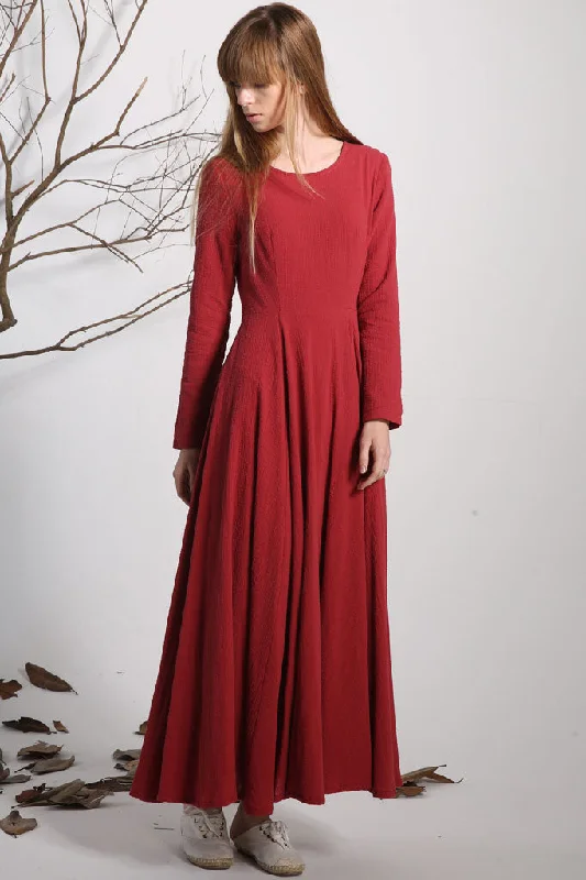 Long sleeve red linen maxi dress 1133 Cozy Open-Back Maxi Dress