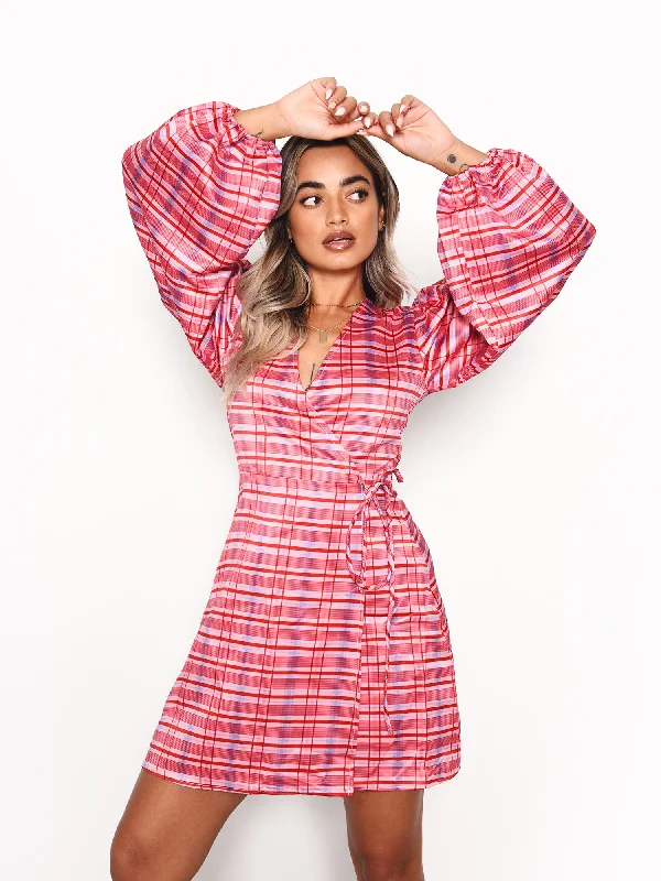 Red Pink Check Wrap Front Mini Dress Trendy Mini Dress with Belt