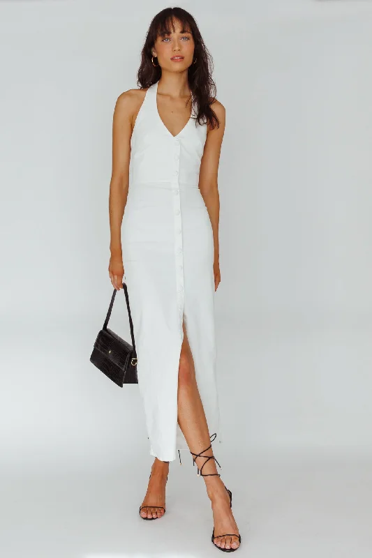 Renita Halterneck Button Maxi Dress White Comfortable Ruffle Maxi Dress