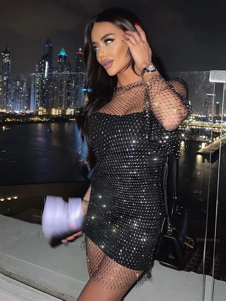 Rhinestone Mesh Open Back Slit Sexy Fishnet Skirt Mini Dress Trendy Cut-Out Mini Dress