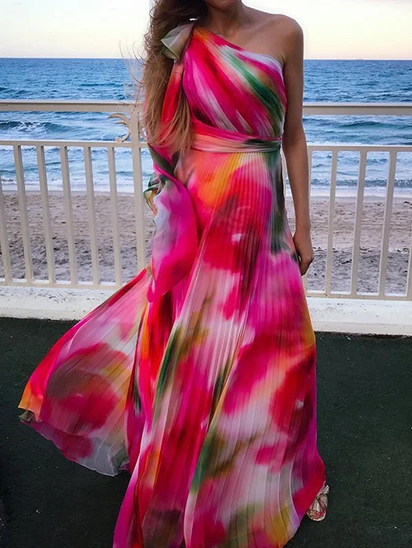 Rose Red Abstract Pattern One Shoulder Pleated Maxi Dress Fashionable Chiffon Tiered Maxi Dress