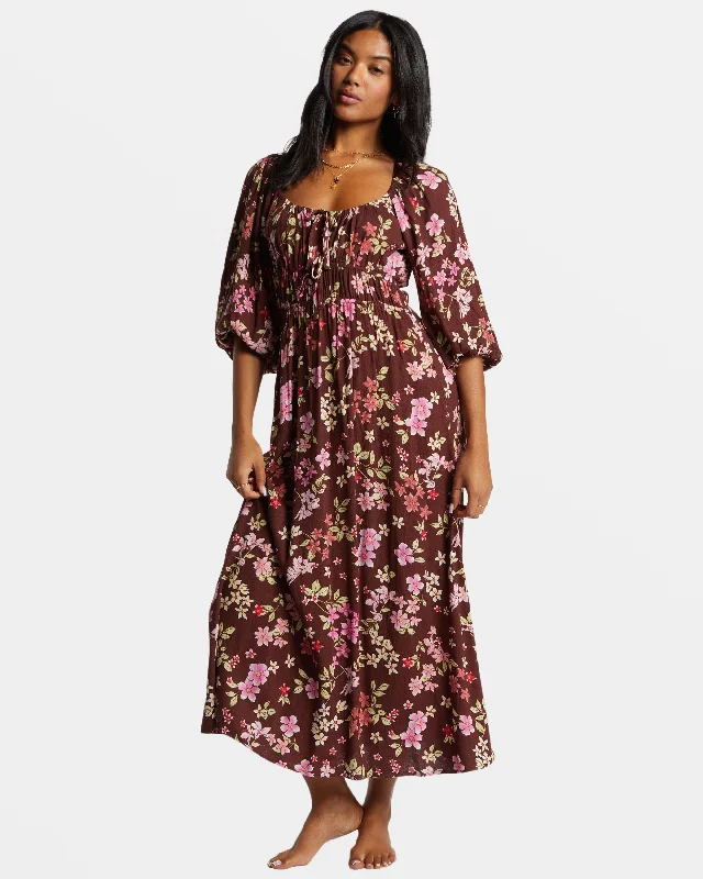 Rosey Skies Midi Dress - Choc Chip Trendy Boho Midi Dress