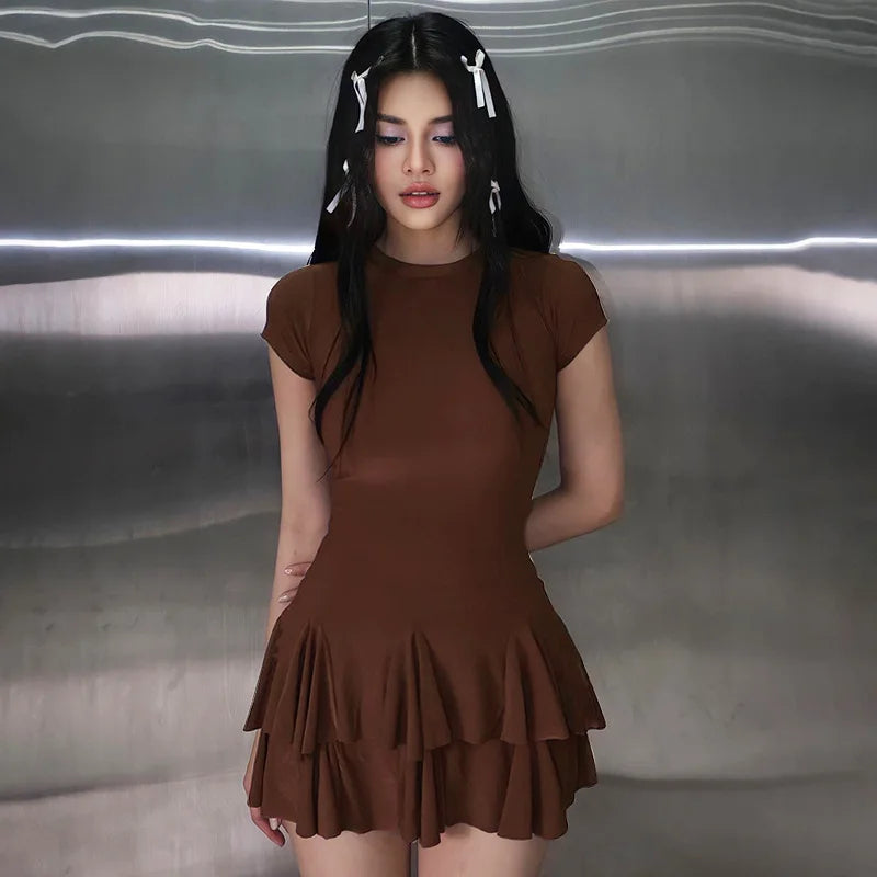 Ruffled Short Sleeve Patchwork Solid Y2K Fashion O Neck Casual Club Party Mini Dress Stylish Ribbed Mini Dress