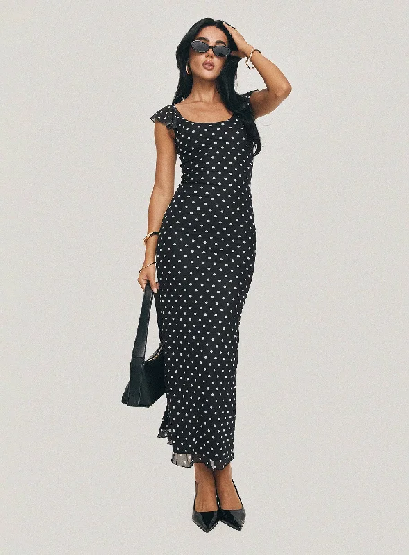 Sandberg Maxi Dress Black Polka Dot Trendy Satin Maxi Dress