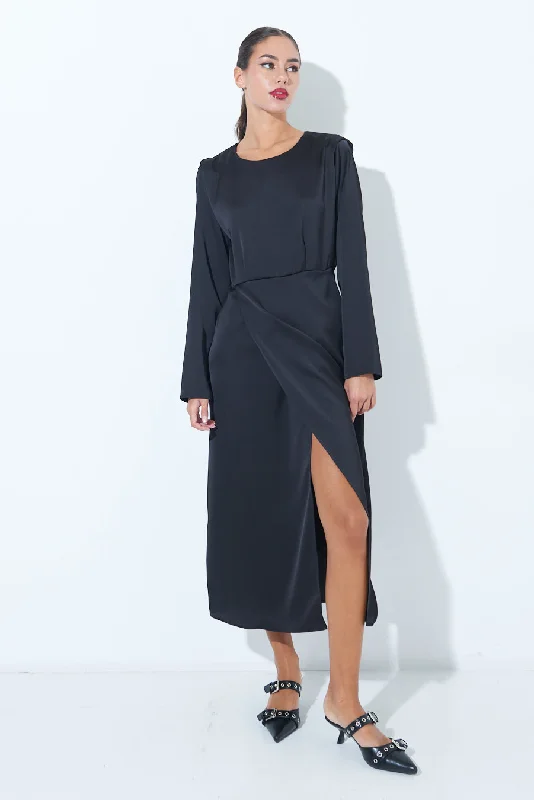 Satin long-sleeve midi dress with side slit wholesale Trendy Knit Midi Dress