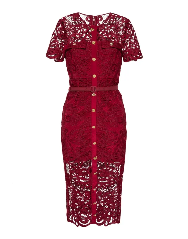 Self-Portrait red Guipure lace button midi dress Stylish Vintage Midi Dress