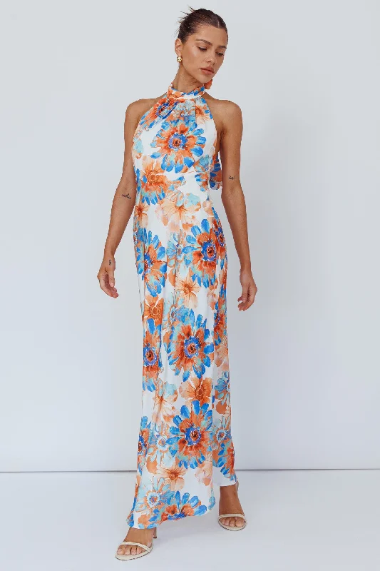 Shana Halterneck Maxi Dress Flowers Blue Cozy Cold-Shoulder Maxi Dress