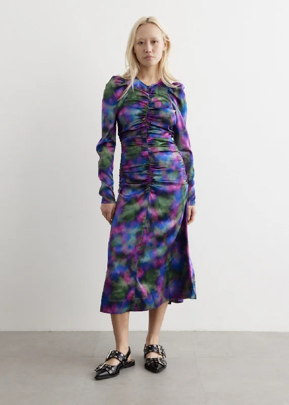 Silk Stretch Satin O-Neck Midi Dress Cozy Tie-Dye Midi Dress