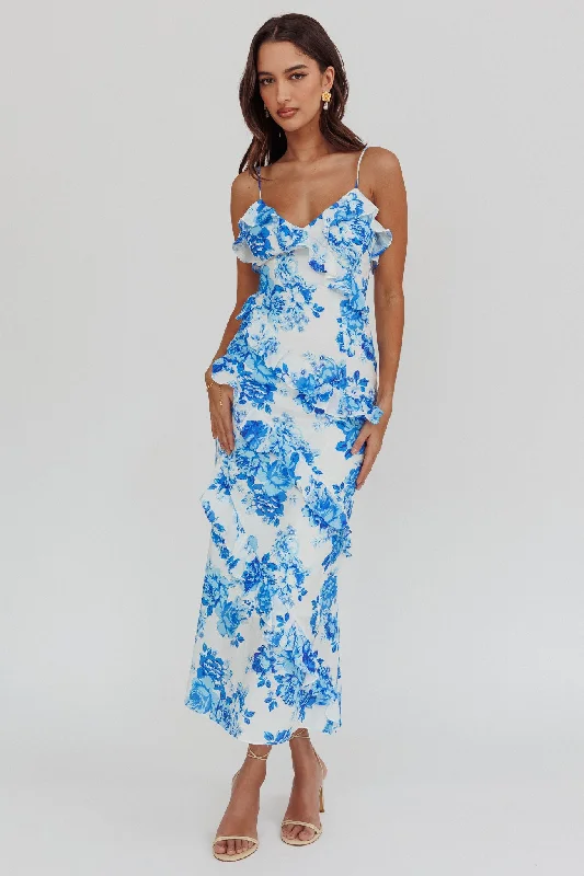 Silvana Frill Trim Maxi Dress Floral Blue Cozy Spaghetti Strap Maxi Dress