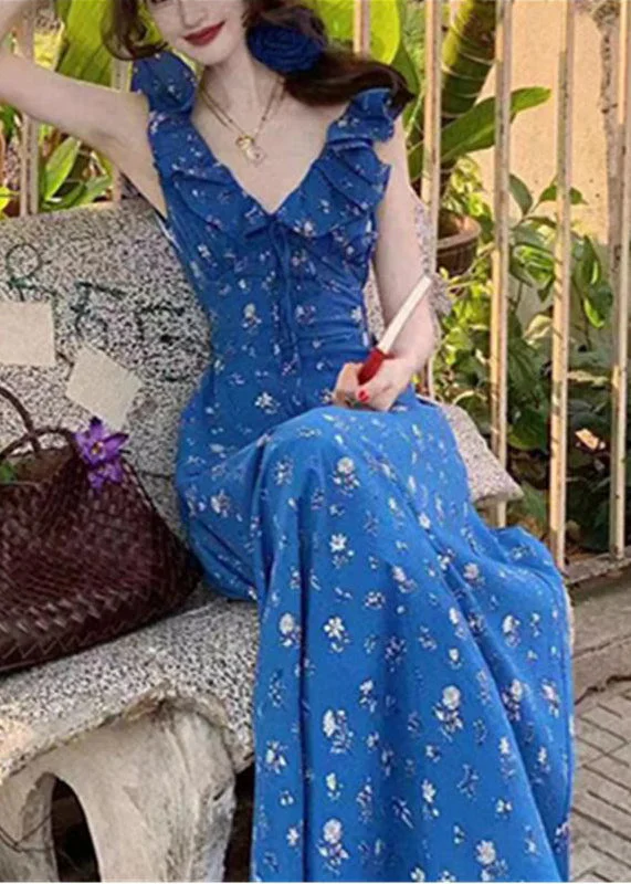 Slim Fit Blue V Neck Ruffled Patchwork Maxi Dress Summer UU1017 Comfortable Maxi Dress with Sleeves