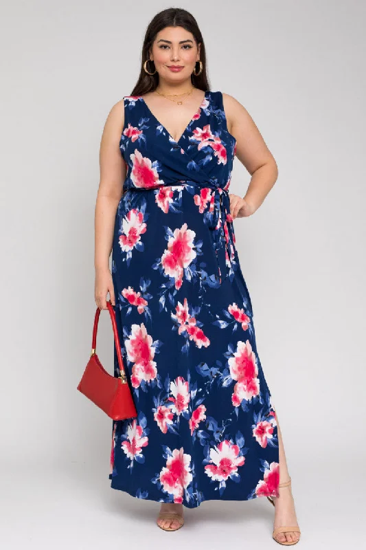 Sleeveless V-Neck Tie Waist Maxi Dress | Navy/Mauve Floral Fashionable Chiffon Maxi Dress