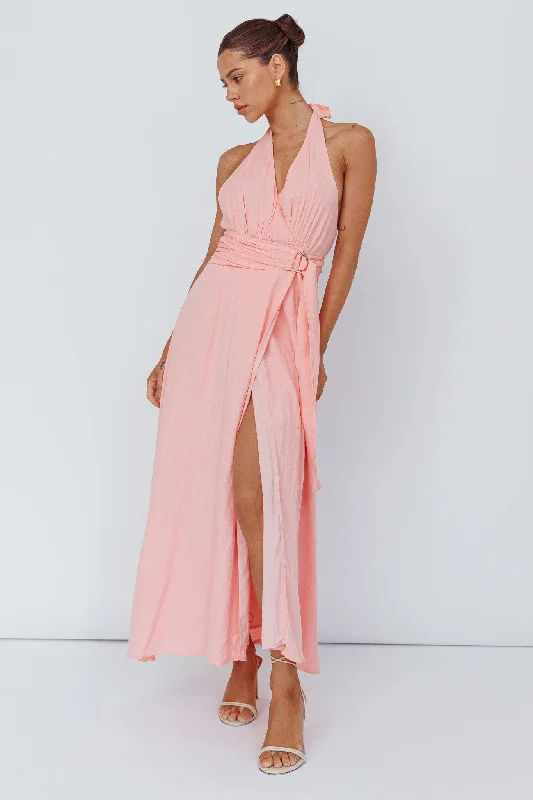 Spring Feels Halterneck Belt Maxi Dress Peach Trendy Satin Maxi Dress