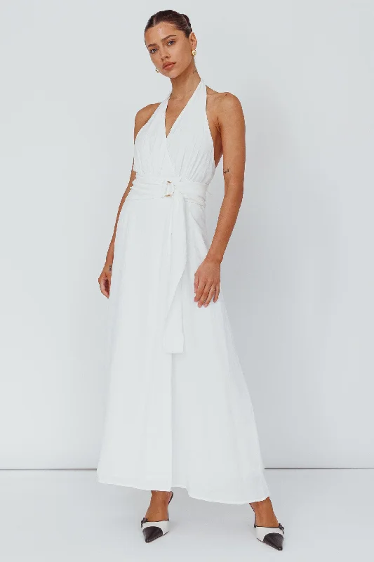 Spring Feels Halterneck Belt Maxi Dress White Elegant Maxi Dress with Slit