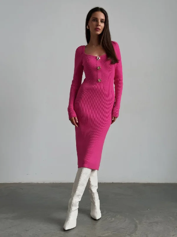 Striking Fuchsia Ribbed Midi Dress Comfortable Empire Waist Midi Dress