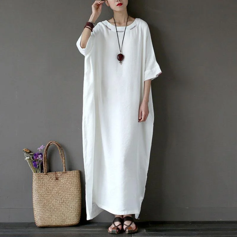 Stylish Cotton Linen Maxi Dress Plus Size Clothing Women Flax Cotton Linen 1/2 Sleeve Embroidery White Dress ( Limited Stock) Stylish A-Line Maxi Dress