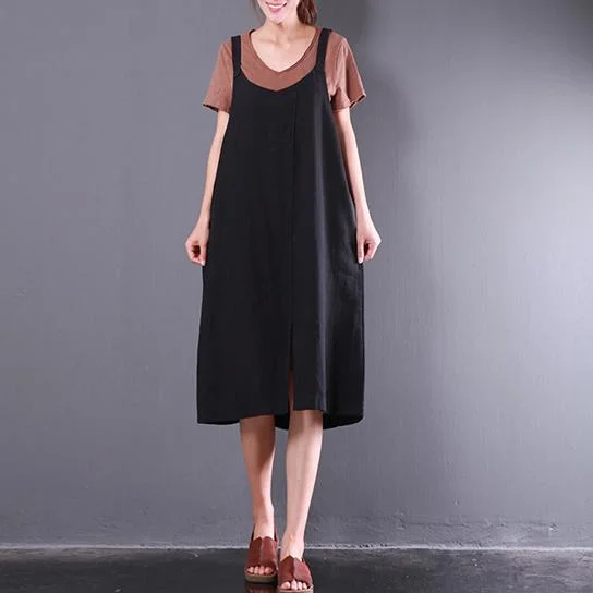 summer baggy loose black casual linen dresses plus size sundress sleeveless maxi dress front side open Casual Maxi Dress with Pockets