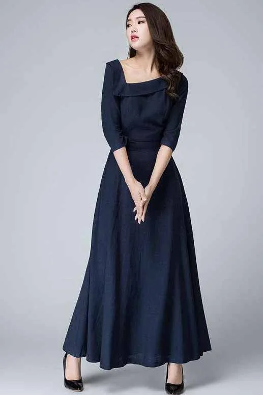 elegant party maxi dress in dark blue 1453# Cozy Knitted Maxi Dress