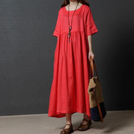 summer red casual women linen dresses large hem loose maxi dress short sleeve sundress Fashionable Printed Maxi Dress