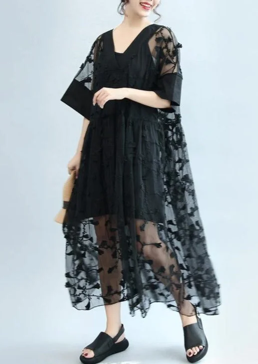 summer stylish black embroidery lace dresses plus size sundress short sleeve maxi dress Stylish Long Sleeve Maxi Dress