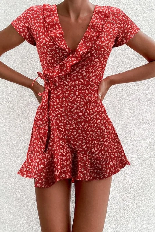 DressBetty - Summer Women’s Floal A-Line Dress Sweet Elegant Floral Ruffles V-neck Bandage Short Dress for Lady Chic Flowers Mini Dress Comfortable One-Shoulder Mini Dress