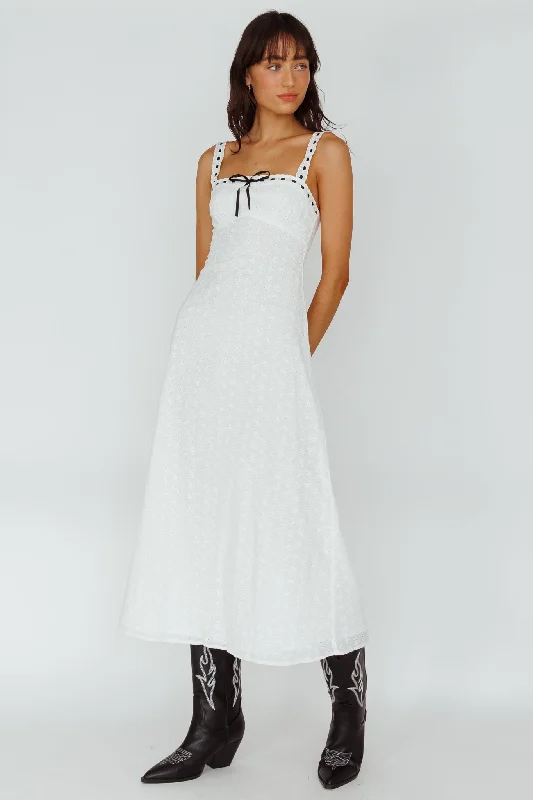 Sunbeam Eyelet Embroidery Bow Midi Dress White Cozy Spaghetti Strap Midi Dress